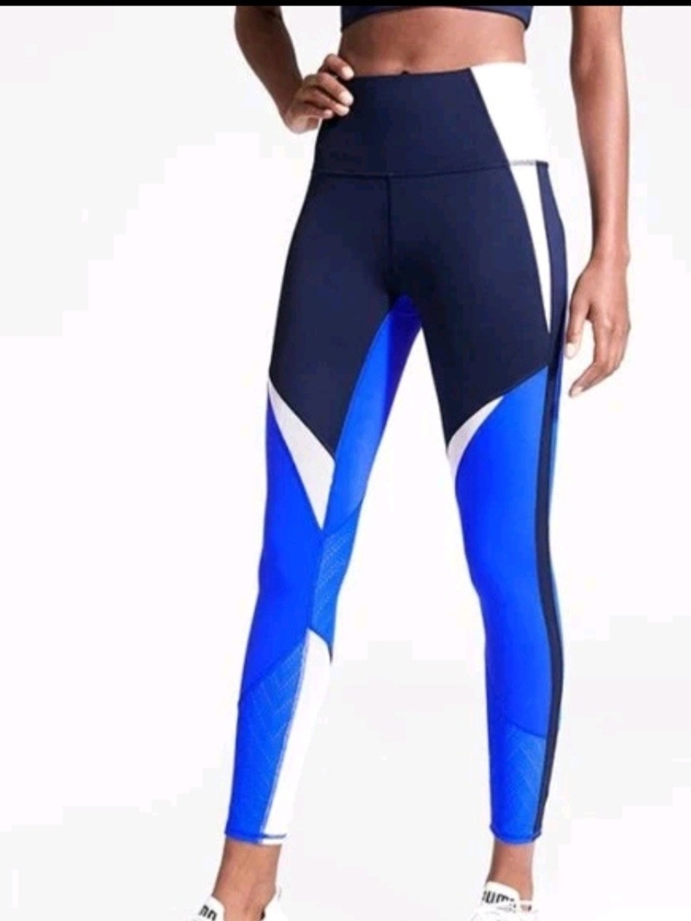 Athleta Women's Blue Navy White Mesh Ankle High Rise Size Small Active Leggings